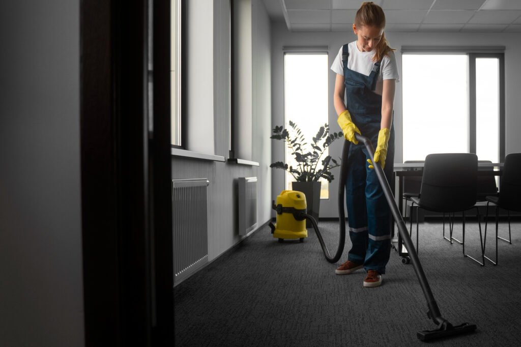 a woman cleaner cleaning a carpet