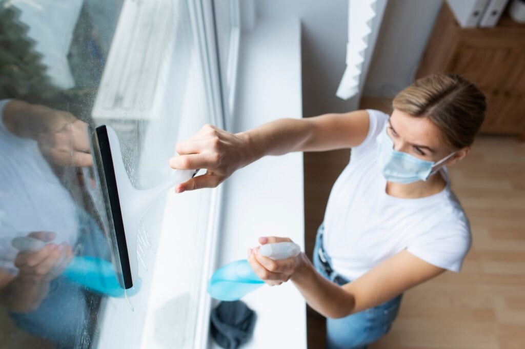 a woman wearing a mask cleaning an office winwodw